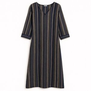 Ashley Stewart Size 18/20 Striped Linen Blend Midi Dress Blue Cotton Pockets